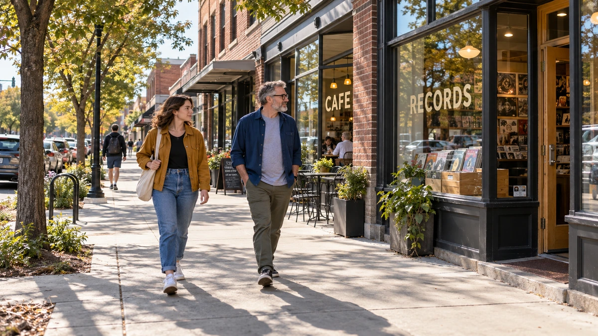 Two adults walk beside brick shops with a cafe and record-store window.