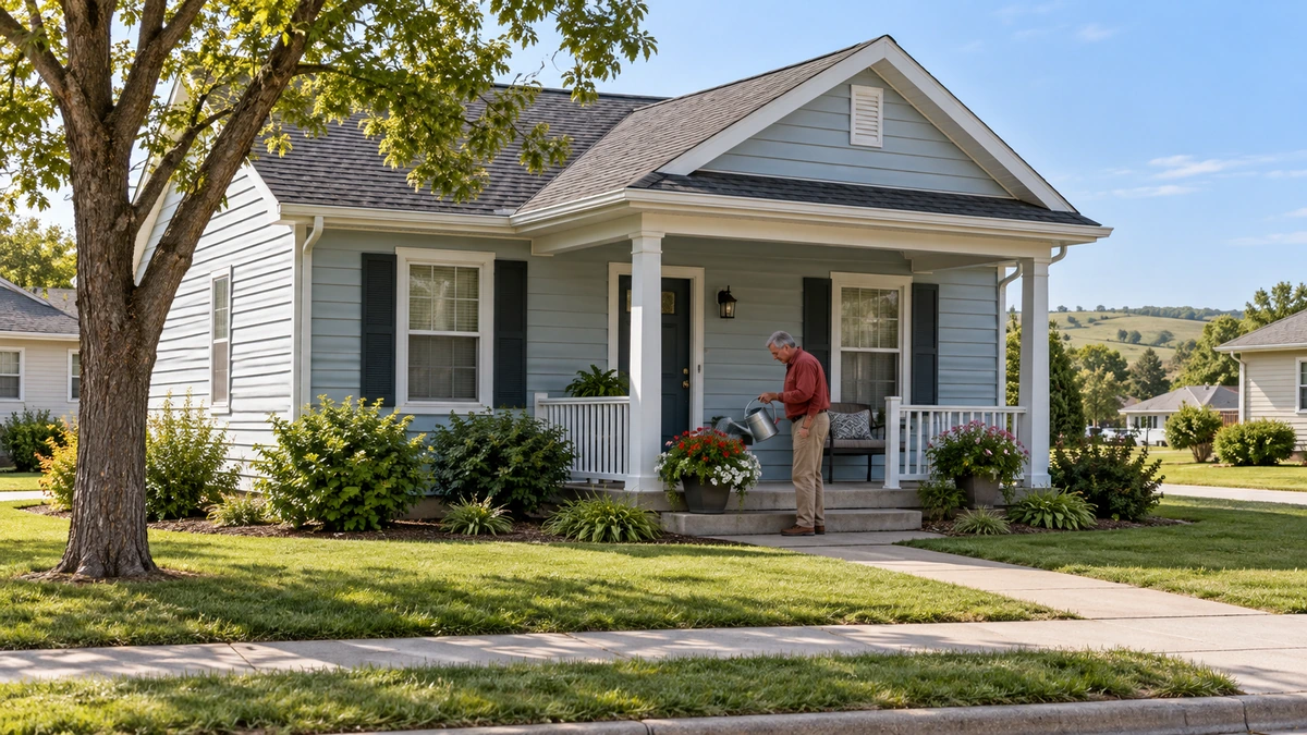 A man waters a flowering planter beside the porch of a pale-blue gabled house.