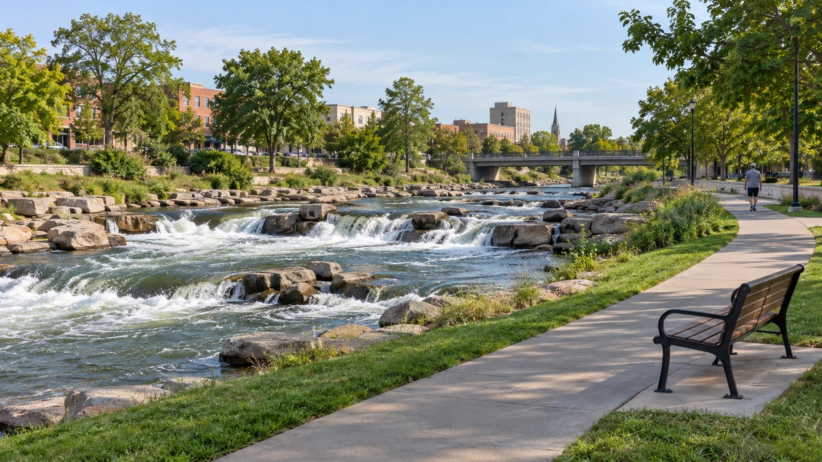 A riverside path and bench overlook low engineered whitewater drops.