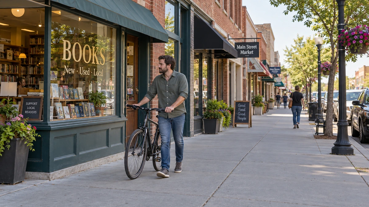 A man walks a bicycle beside a brick bookshop and other stores.