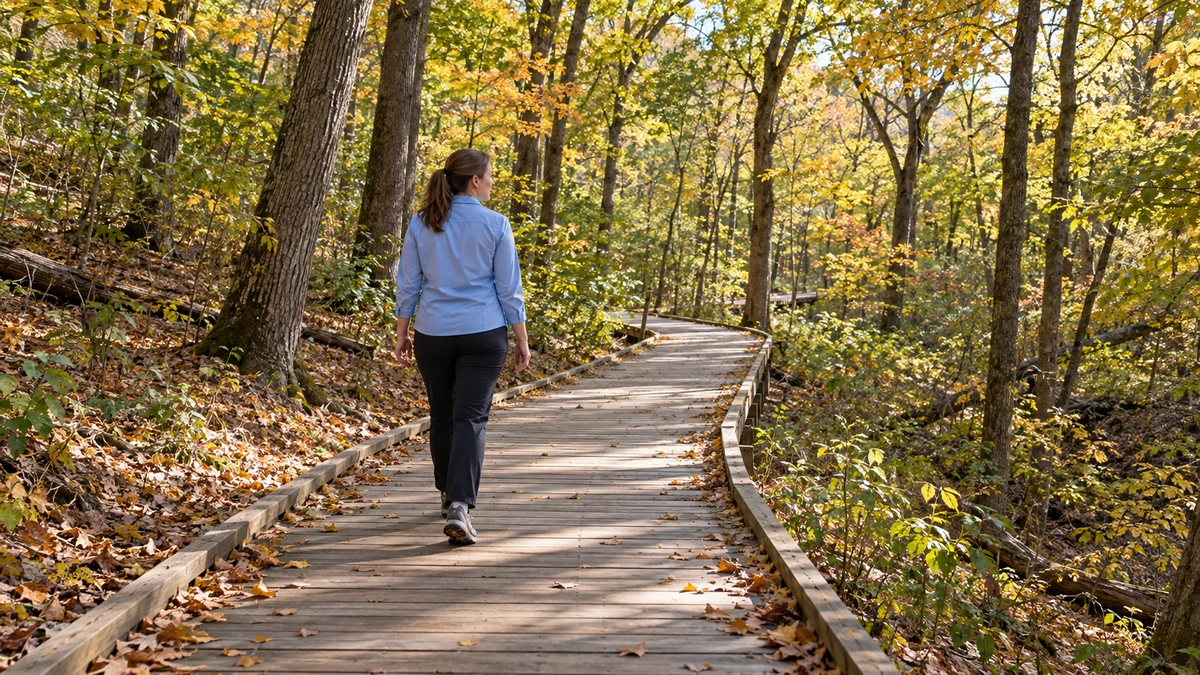 A woman walks along a timber boardwalk through autumn woodland.