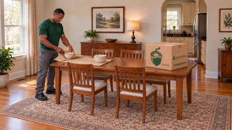 A mover wraps a bowl on paper at the free end of a four-chair dining table.