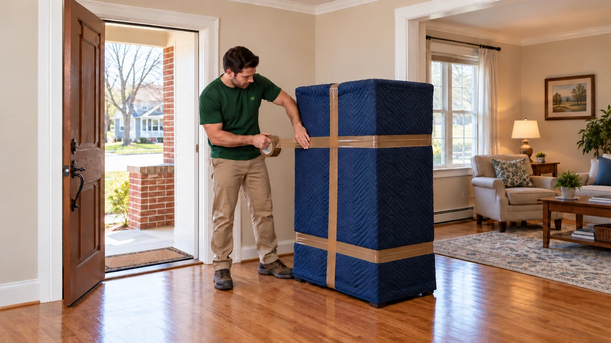 A mover secures brown tape around quilted padding on an upright cabinet beside an entrance.