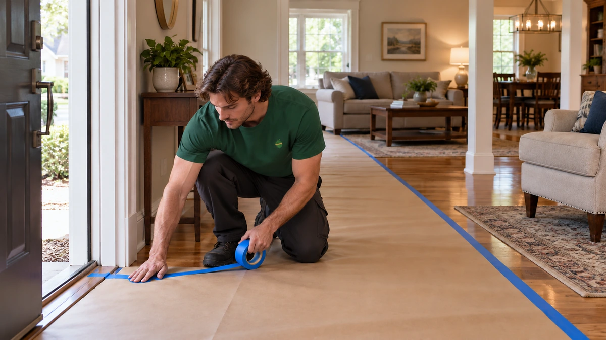 A kneeling mover presses blue tape along heavy paper protecting a wood-floor entrance route.
