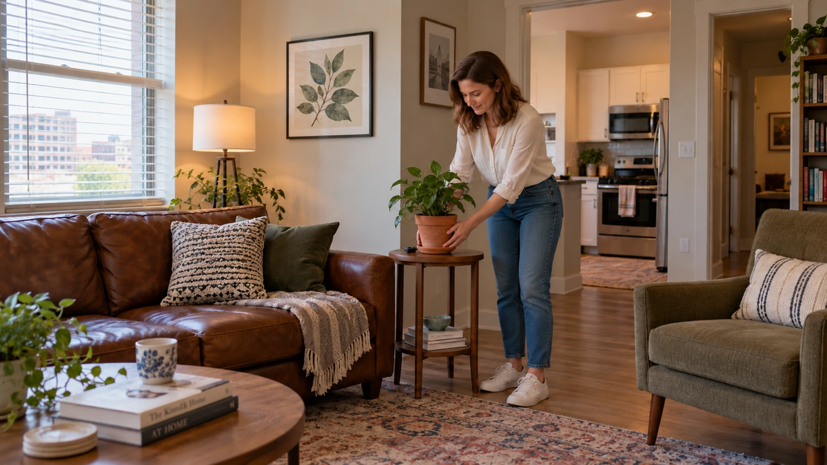 A woman sets a terracotta plant pot on a small side table in a furnished apartment.