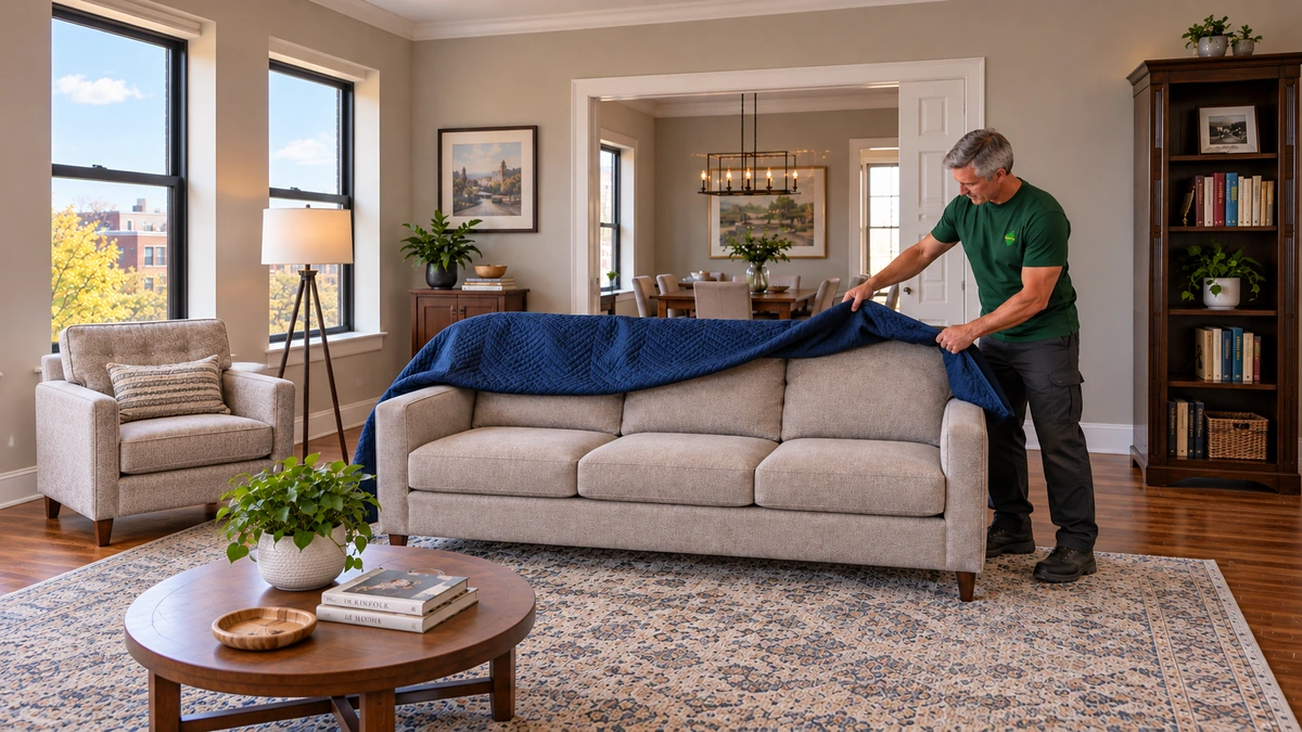A mover removes a loose navy quilt from a sofa already resting on its feet.