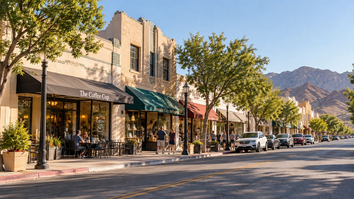 Boulder City shaded cafés and low downtown shop fronts Cafés and low Art Deco-influenced shop fronts along a Boulder City street