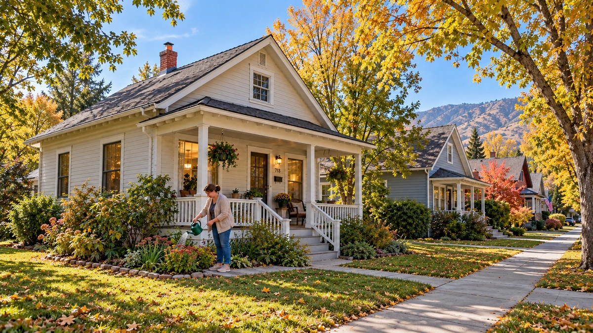 Carson City porch homes and an autumn front garden Woman waters a flower bed beside a pale porch home in Carson City