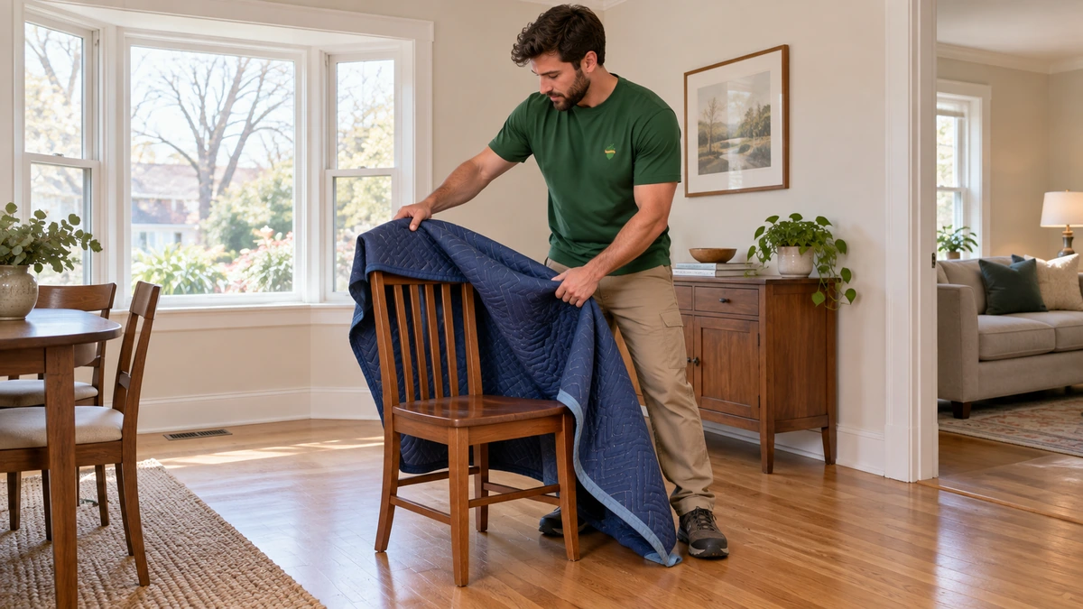 Chair unwrapping in a furnished Reno home Mover removes a loose quilted blanket from an upright wooden dining chair