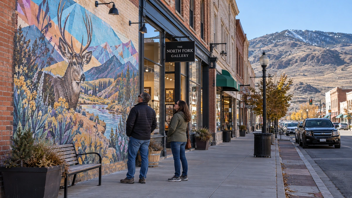 Elko mural and brick downtown shop fronts Two adults look at a colorful mural beside brick shop fronts in Elko