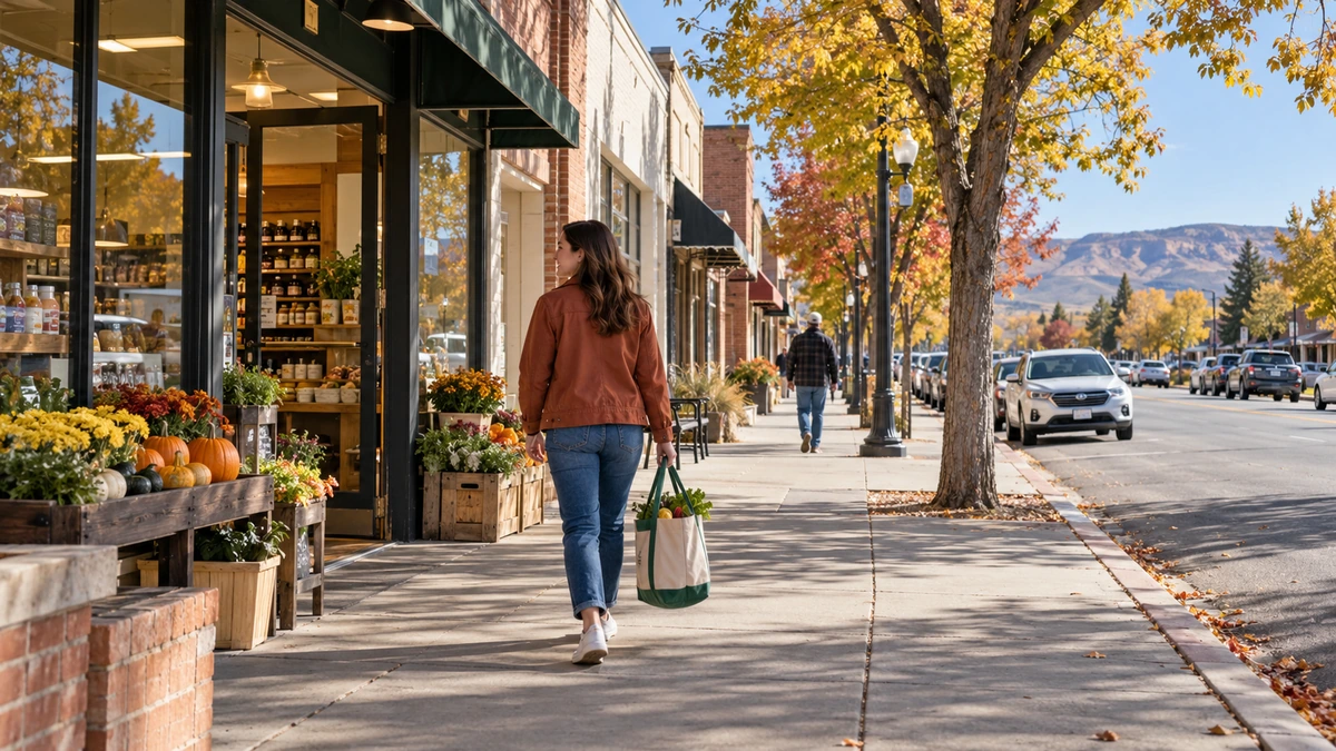 Fallon market sidewalk and autumn town-center street Resident carries a grocery bag along a tree-lined shop sidewalk in Fallon