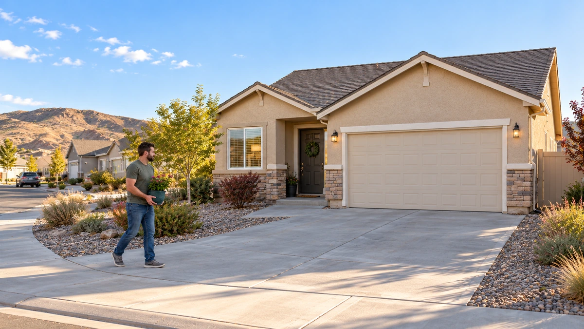 Fernley single-story home and a resident carrying a plant Resident carries a small potted plant across a driveway in Fernley