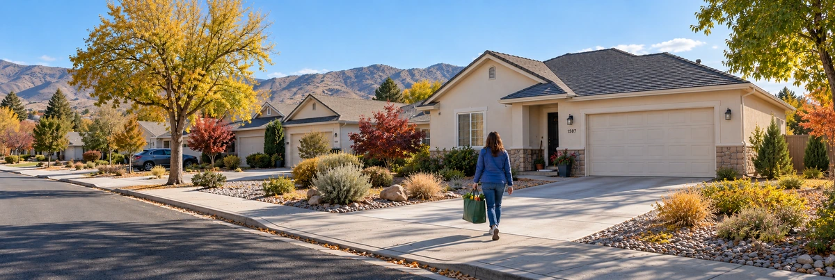 A woman carries a grocery tote along a sidewalk beside low Nevada homes and autumn trees