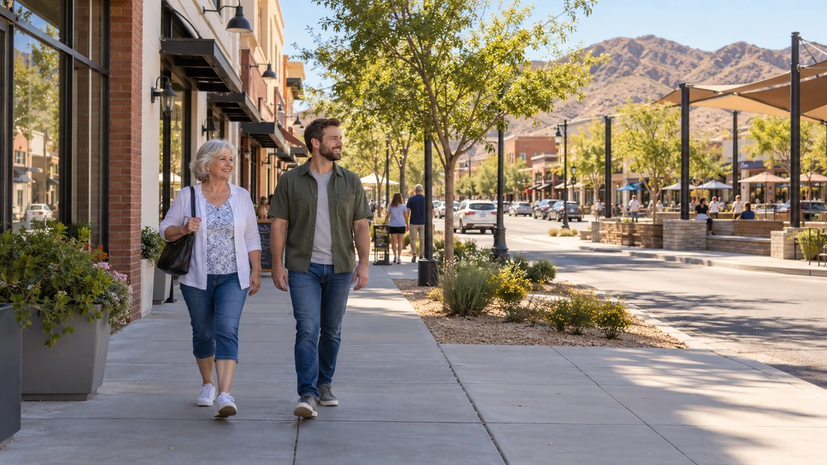 Henderson downtown sidewalk and shaded public plaza An older woman and a younger man walk past Henderson shop fronts beside a shaded plaza