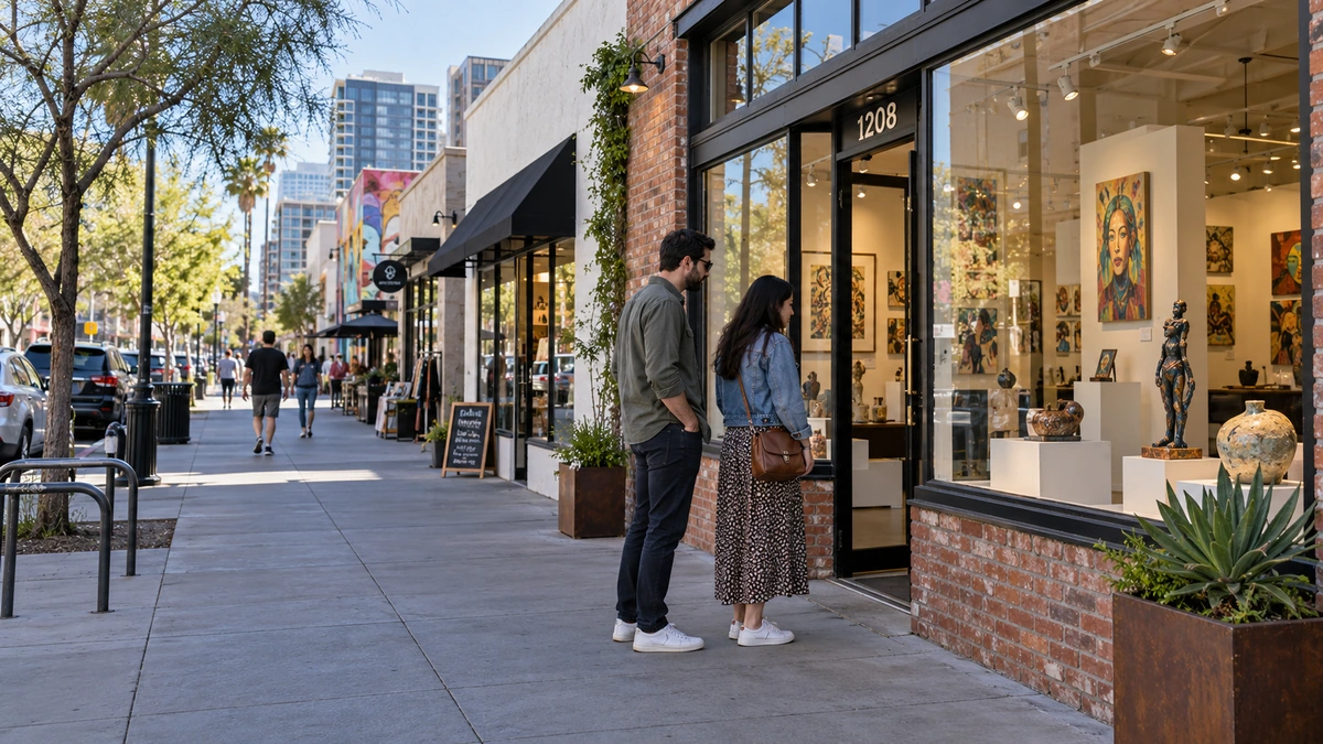 Las Vegas gallery window and downtown arts street Two adults look into a gallery window along a downtown Las Vegas sidewalk