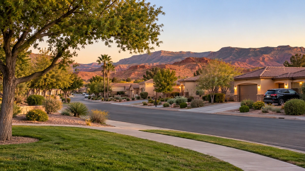 Mesquite homes beneath layered Virgin River Valley hills Low stucco homes and red-brown hills along a quiet Mesquite neighborhood street