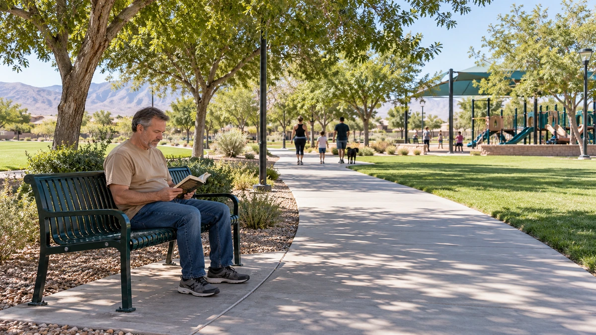 North Las Vegas shaded park path and reading bench A man reads on a shaded park bench beside a paved North Las Vegas path