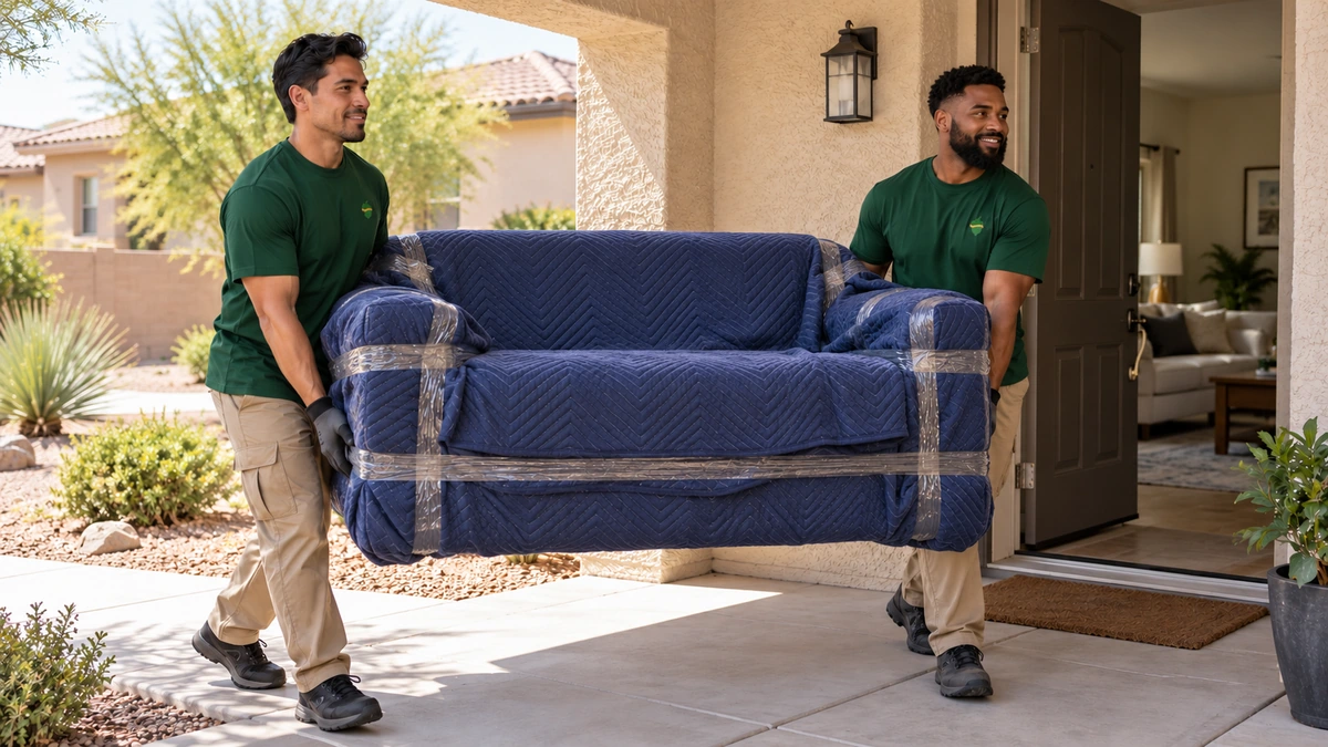 Protected sofa carry at a shaded stucco home entrance Two movers carry a blanket-protected sofa toward a shaded Nevada home entrance