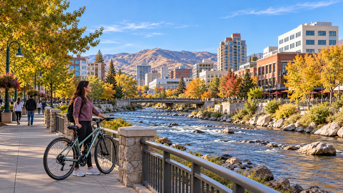 Reno riverwalk bicycle pause and autumn downtown buildings A woman stands with a bicycle beside Reno’s riverwalk and autumn downtown buildings