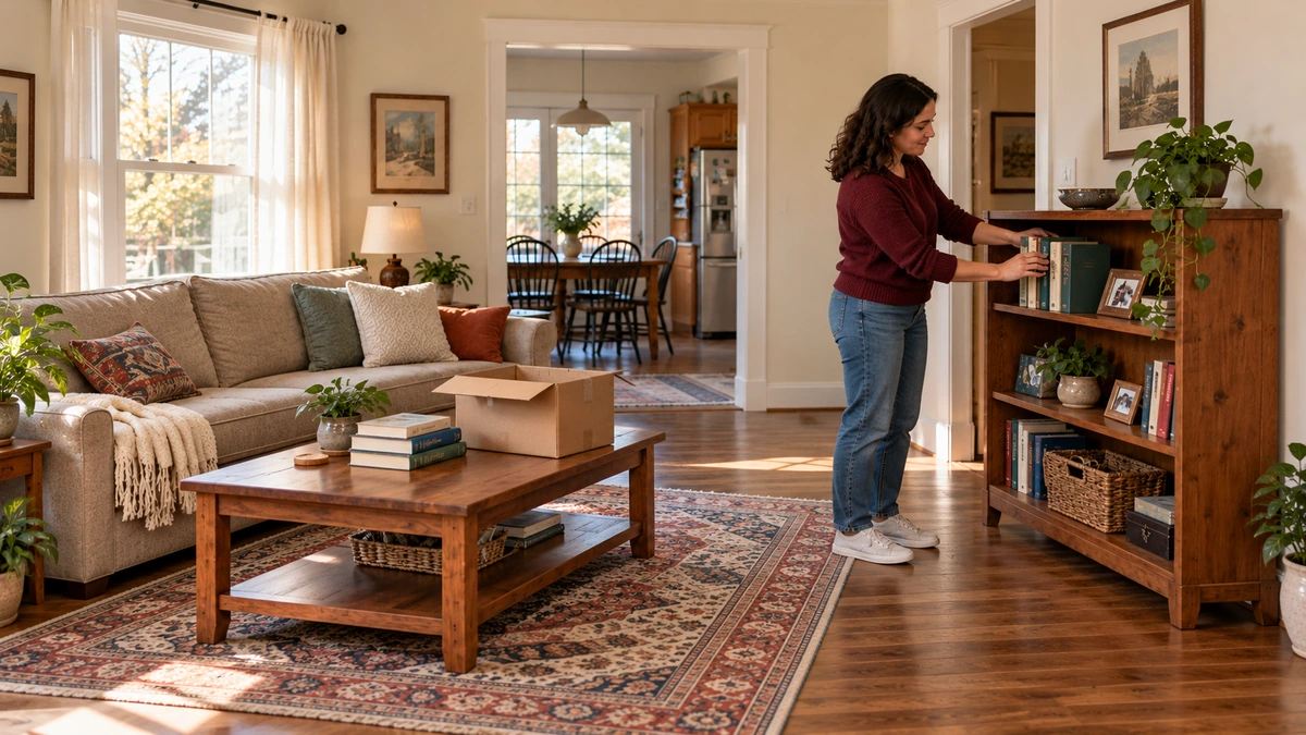 Resident arranging books during the first week in a Sparks home Resident arranges books on a low wooden bookcase in a furnished Sparks home