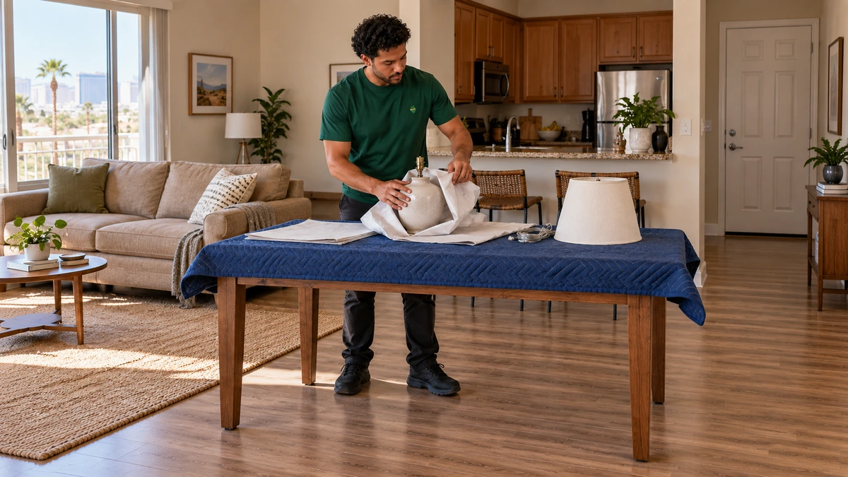 Supported lamp packing in a furnished Las Vegas condo Mover folds packing paper around a ceramic lamp base on a padded table