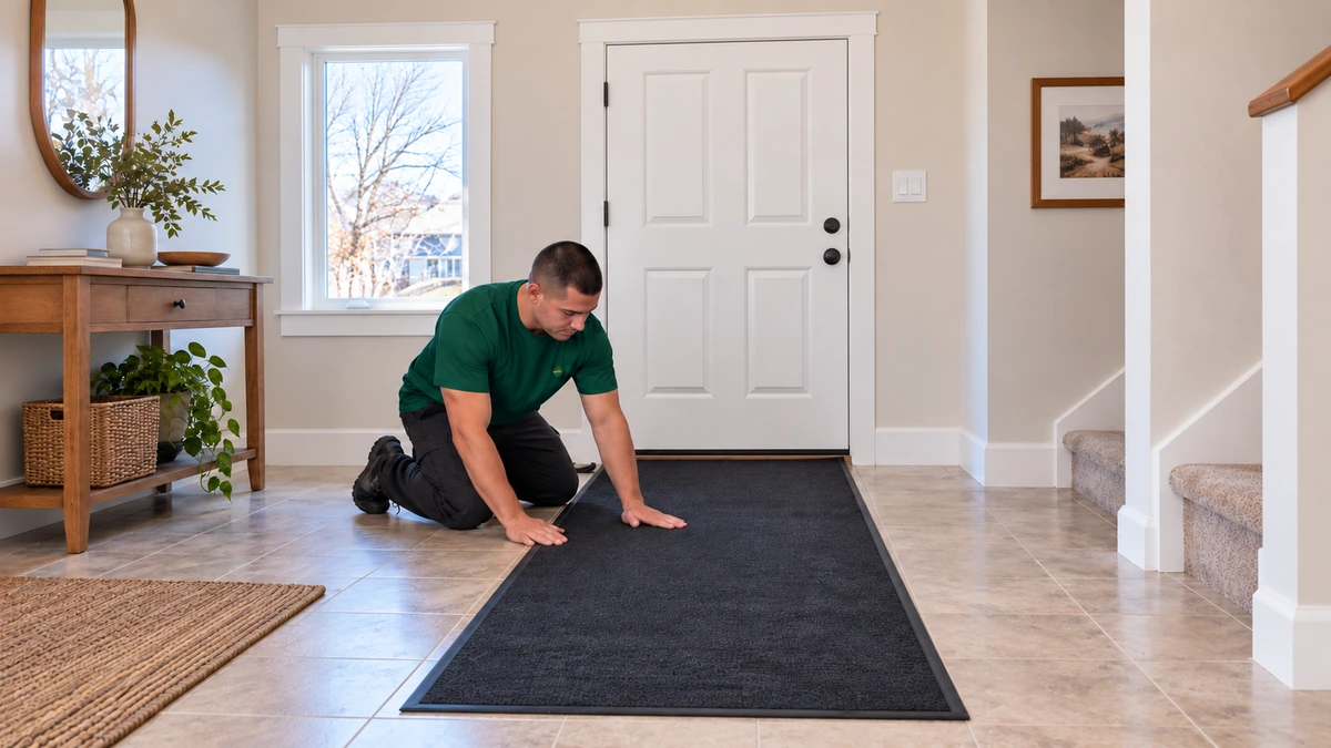 Protective floor runner preparation inside a northern Nevada home Mover smooths a protective runner along a tiled Nevada home entry