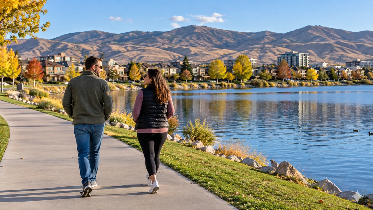 Sparks lakefront walk beneath dry Nevada hills Two adults walk along a Sparks lakefront path with homes and dry mountains beyond