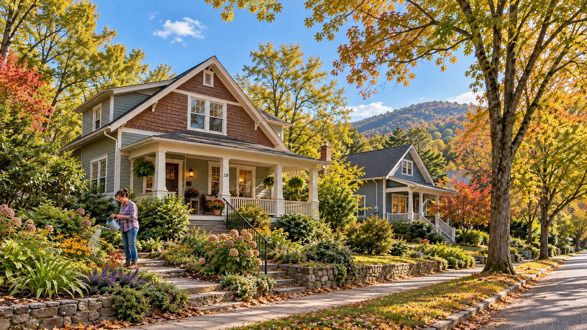 Asheville wooded porch-house neighborhood A woman waters a planted garden beside older Asheville-style porch homes and a wooded ridge