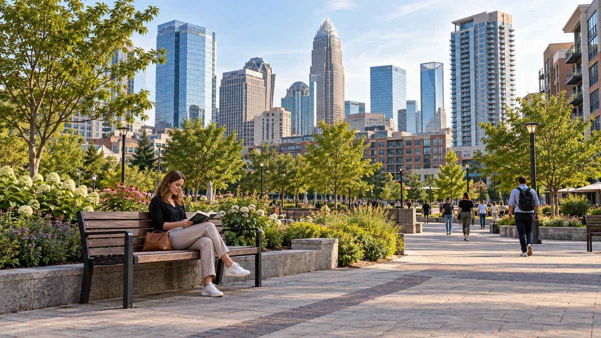 Charlotte urban plaza and high-rise city setting A woman reads on a bench in a planted plaza beneath Charlotte-style high-rise buildings