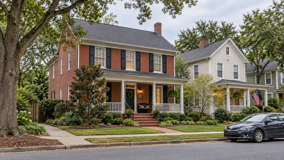 Concord older brick and timber porch homes A red-brick porch house and a neighboring pale timber home on a leafy Concord-style street