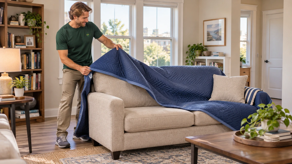North Carolina delivery sofa unwrapping A male mover lifts a blue moving blanket from a beige sofa in a furnished sitting room
