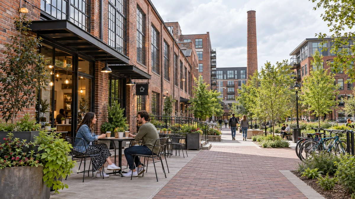 Durham adapted brick district and pedestrian courtyard Two people sit at a cafe table beside adapted brick industrial buildings in a Durham-style district
