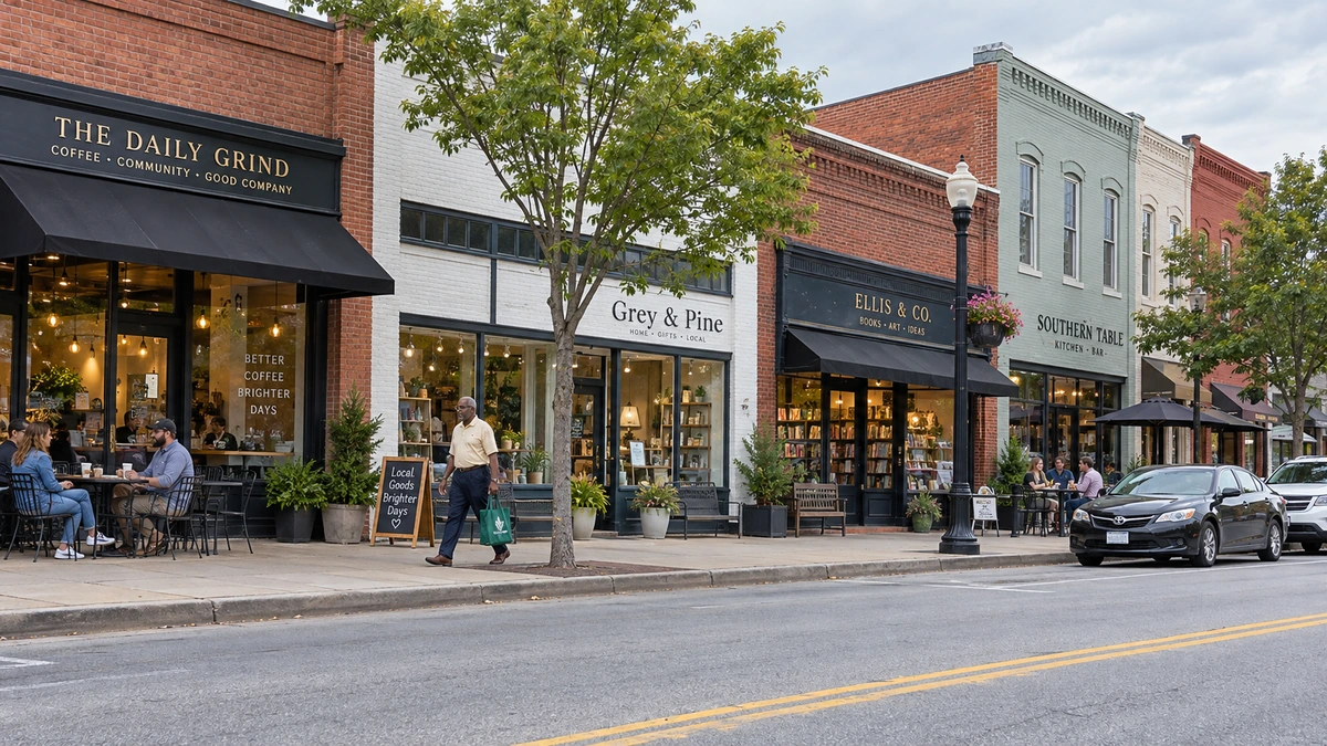 Fayetteville older downtown shops and sidewalk An older man walks past low brick shops on a Fayetteville-style North Carolina downtown street