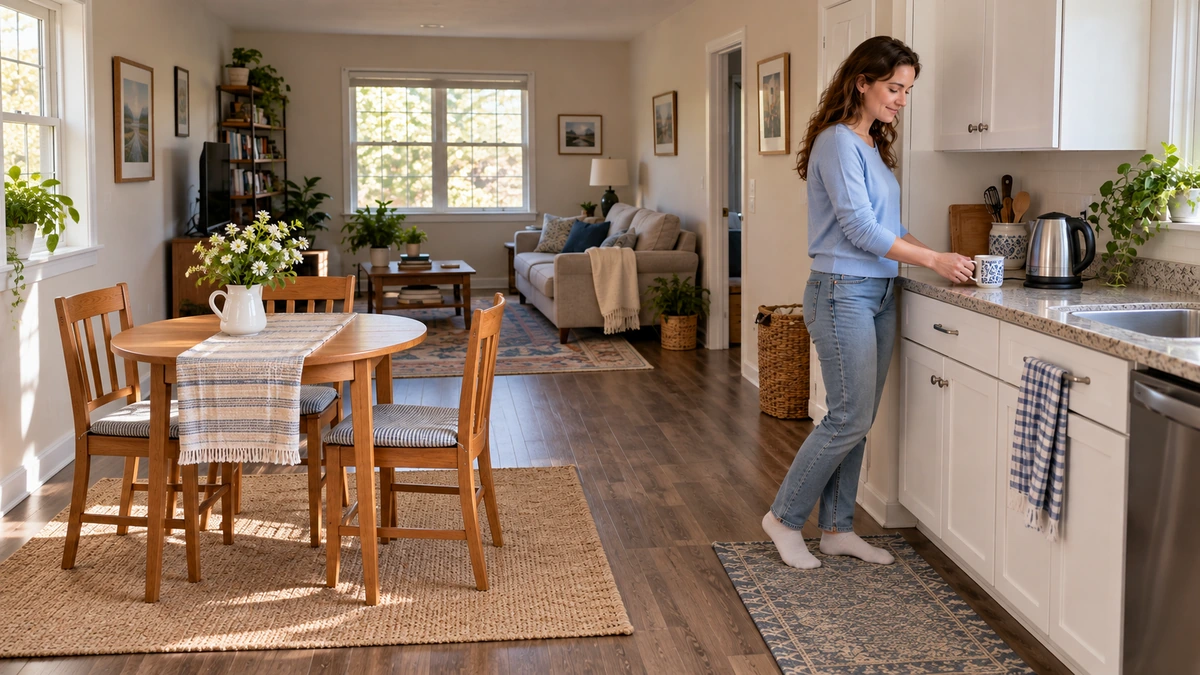 North Carolina first-morning kitchen essentials A resident sets a mug beside a kettle in a furnished apartment kitchen