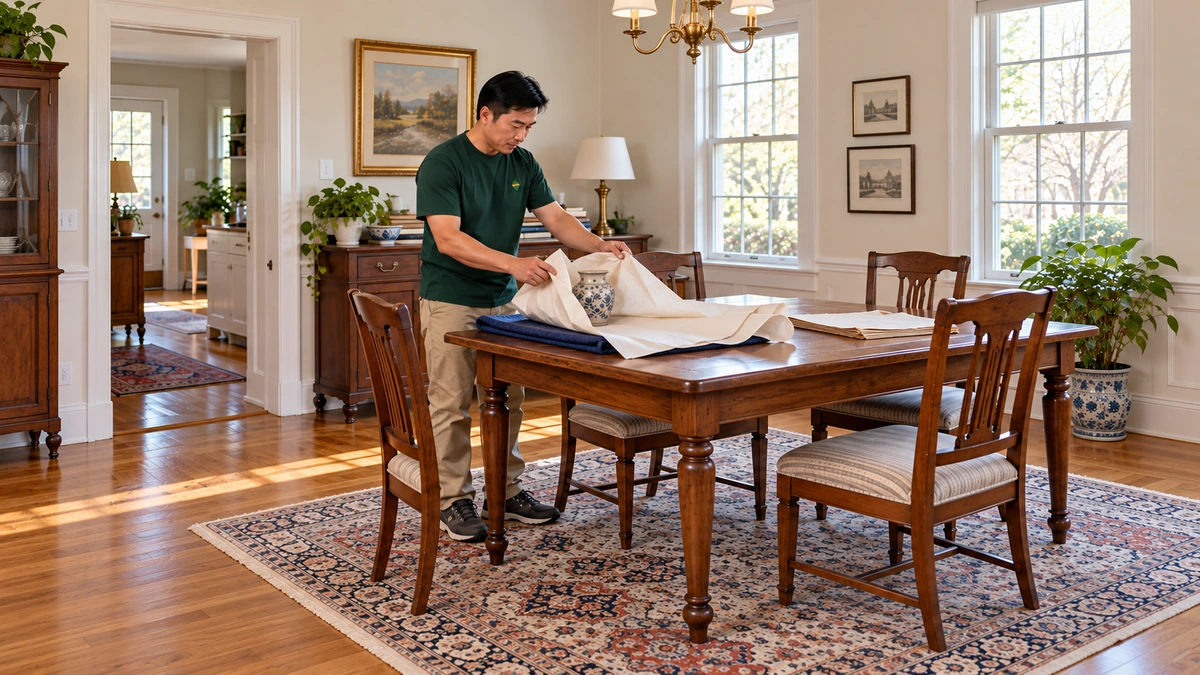North Carolina fragile vase packing preparation A male mover folds packing paper around a ceramic vase on a protected dining table