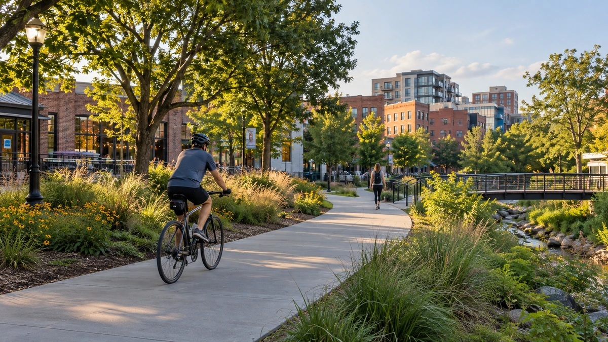 Greensboro greenway and downtown edge A cyclist follows a planted Greensboro-style greenway toward downtown buildings