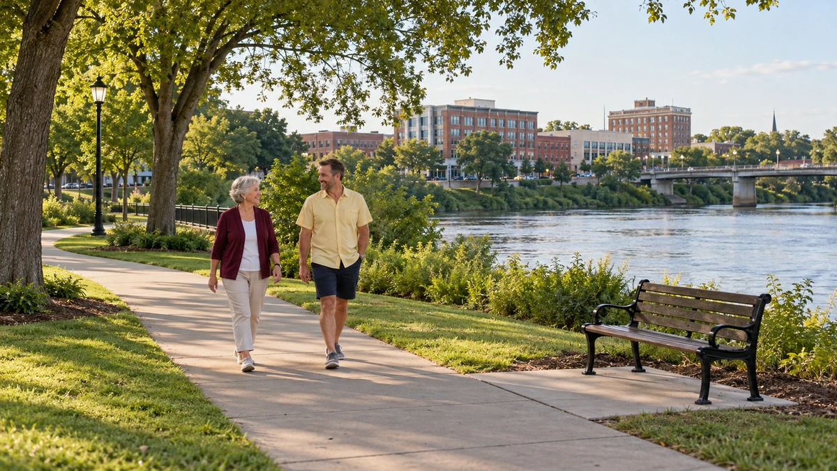 Greenville riverfront park and city edge Two residents walk along a planted Greenville-style riverfront park path