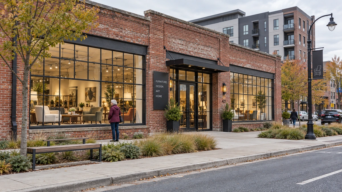 High Point adapted furniture and design district A woman looks into a furniture gallery in an adapted brick High Point-style building