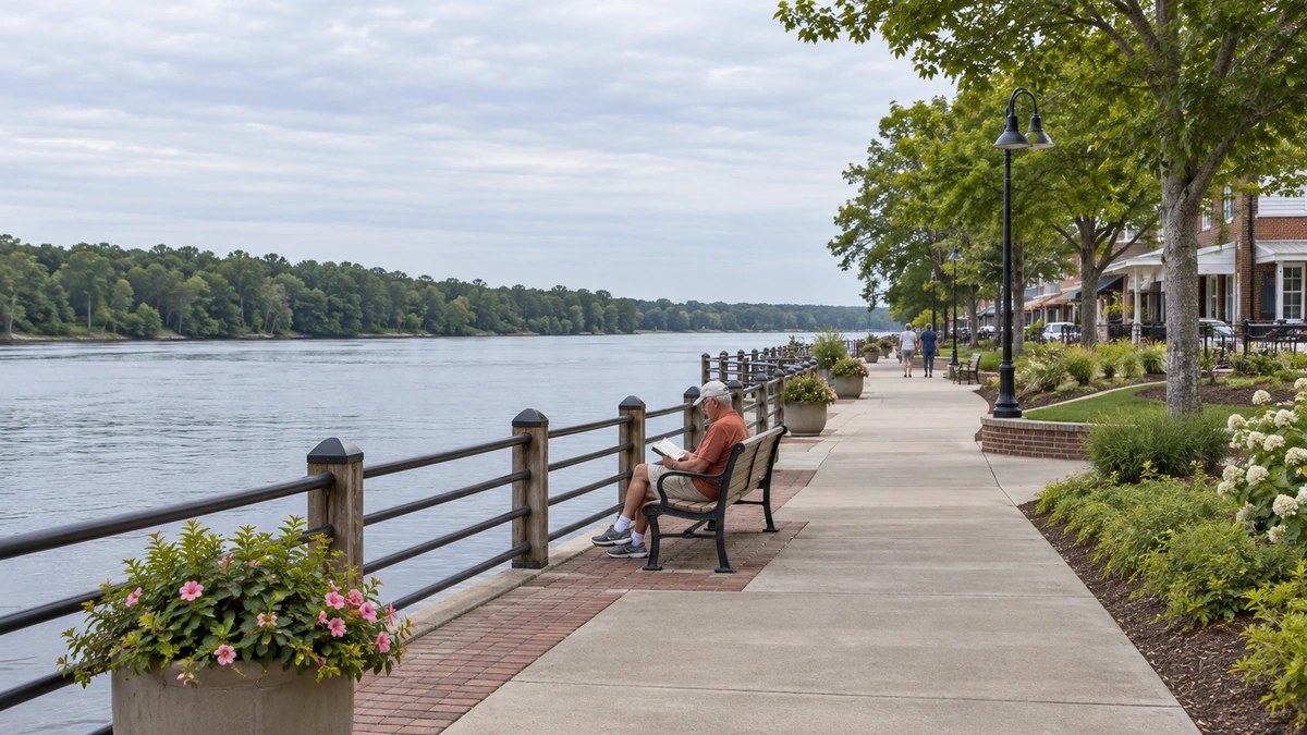 Jacksonville low-bank riverfront and public path An older man reads on a bench beside a Jacksonville-style North Carolina riverfront path