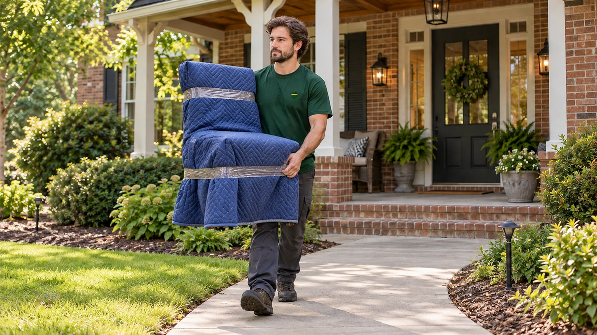 North Carolina protected chair carry on a clear approach A male mover carries a quilt-covered dining chair along a level path outside a North Carolina porch home