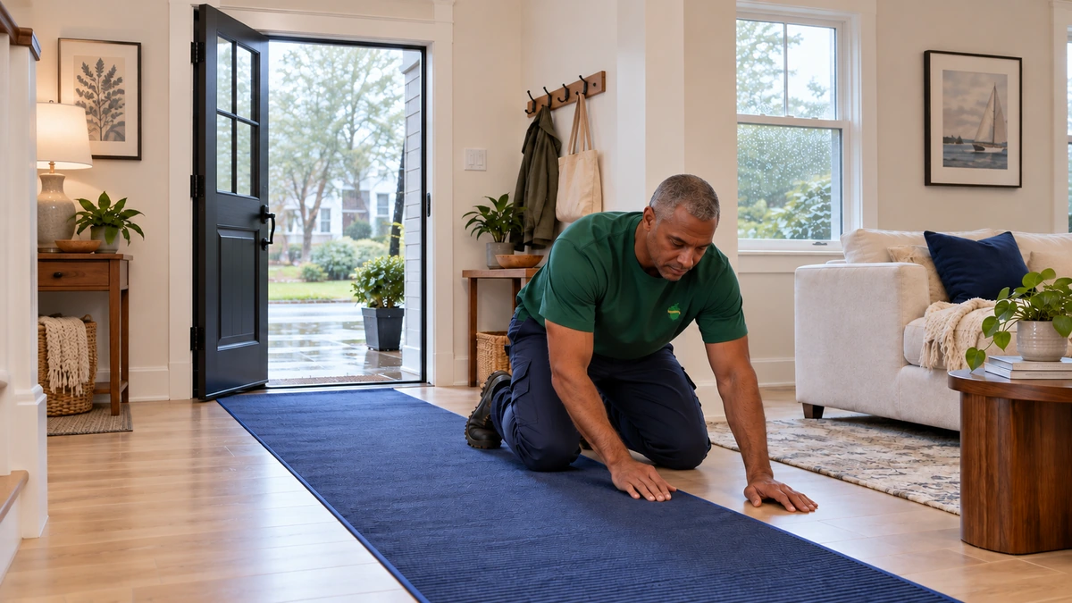 North Carolina rainy-day entry floor protection A male mover smooths a floor runner inside a furnished entrance on a rainy day