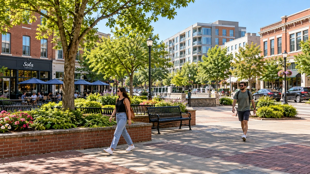 Raleigh mixed-use square and leafy pedestrian routes Two people walk through a leafy Raleigh-style square between older brick shops and apartments