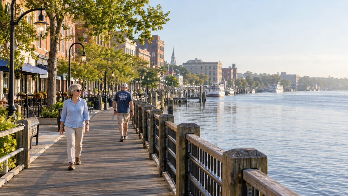 Wilmington historic river district and riverwalk An older woman and another walker use a timber riverwalk beside Wilmington-style riverfront buildings
