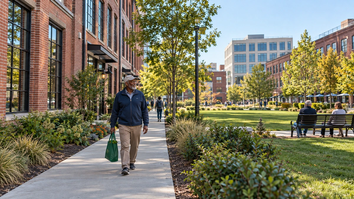 Winston-Salem urban park and adapted manufacturing buildings An older man walks beside a green park and adapted brick buildings in a Winston-Salem-style district