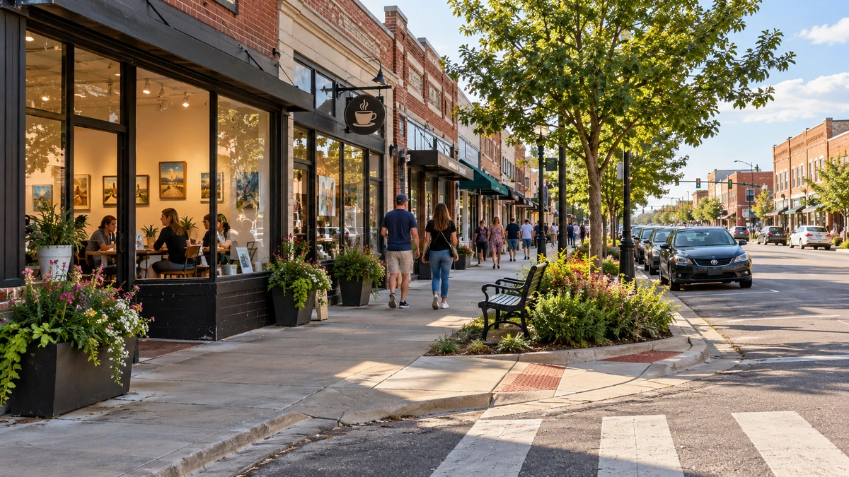Pedestrians pass brick shops and a planted corner in Ardmore