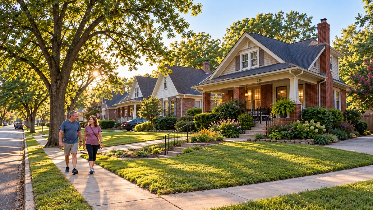 A couple walk past brick-and-siding homes in a Bartlesville neighborhood