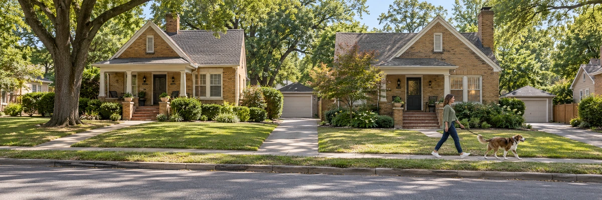 A woman walks a brown-and-white dog past brick Oklahoma cottages