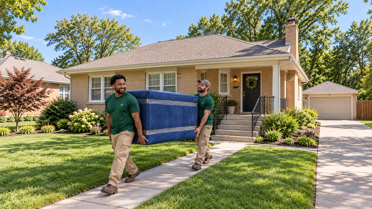 Two movers carry a cabinet enclosed in blue moving pads outside a brick Oklahoma home