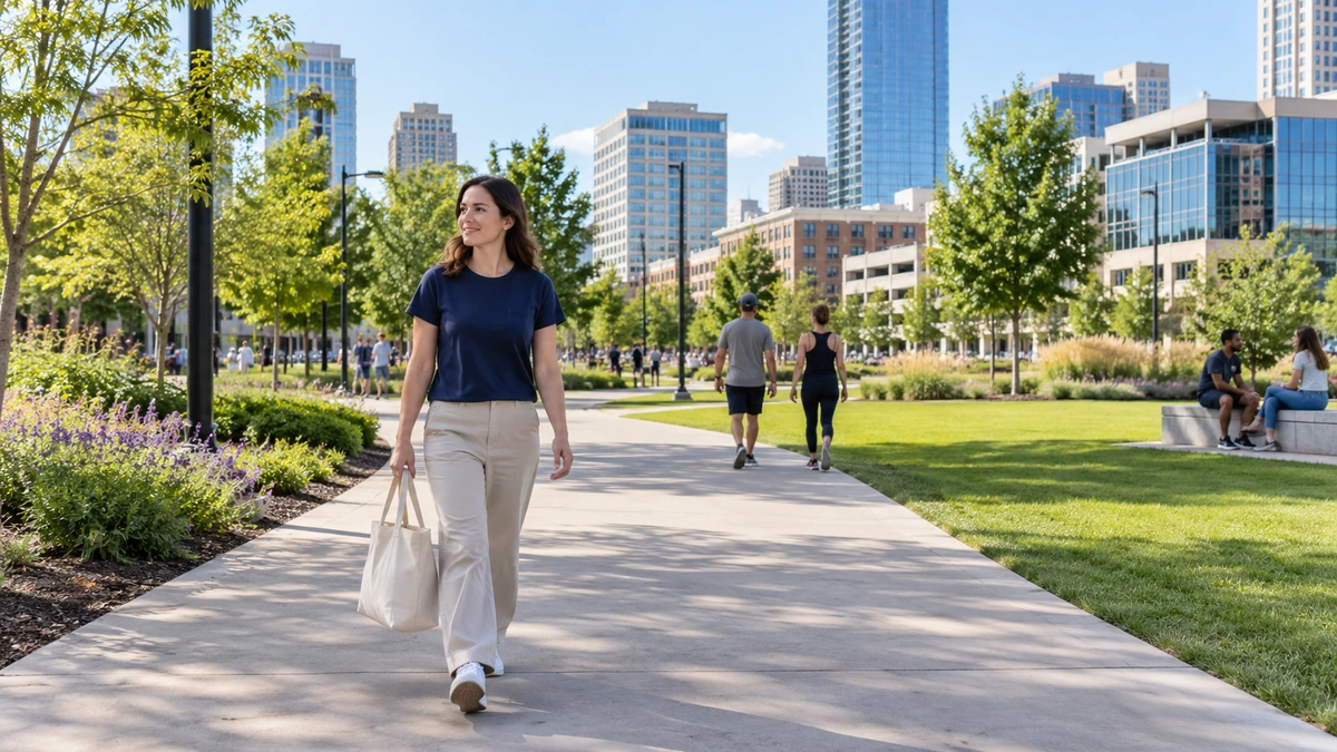 A woman walks with a canvas tote through a city park in Oklahoma City