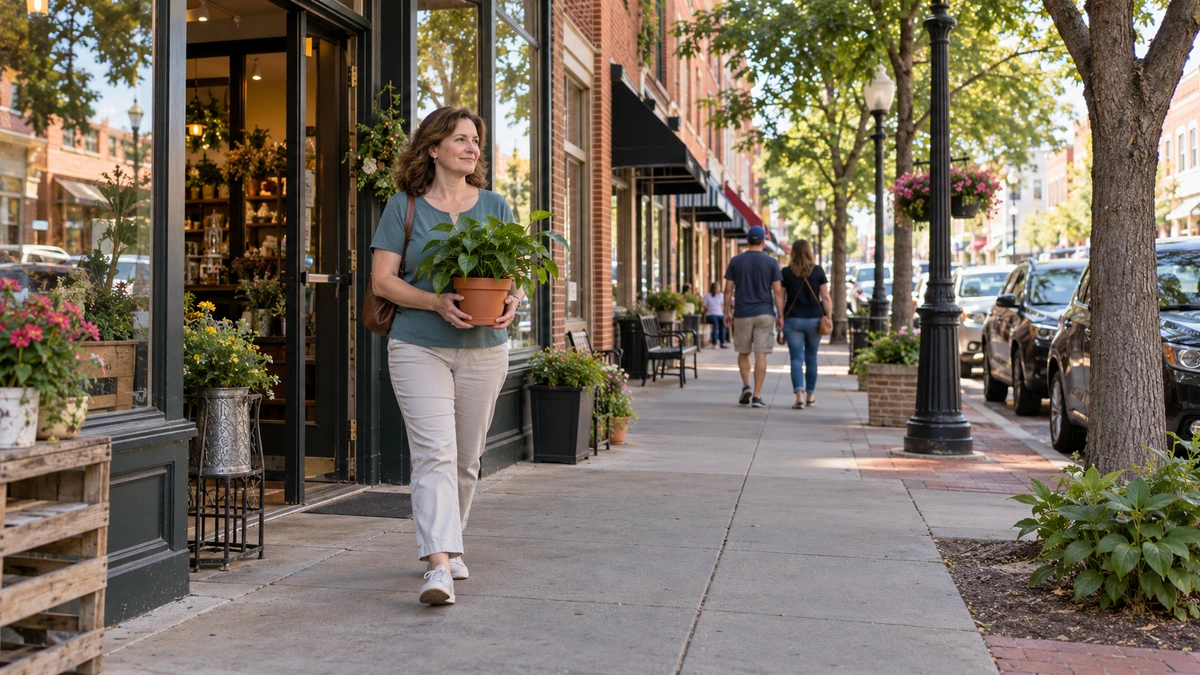 A woman carries a potted plant along an Edmond shop sidewalk
